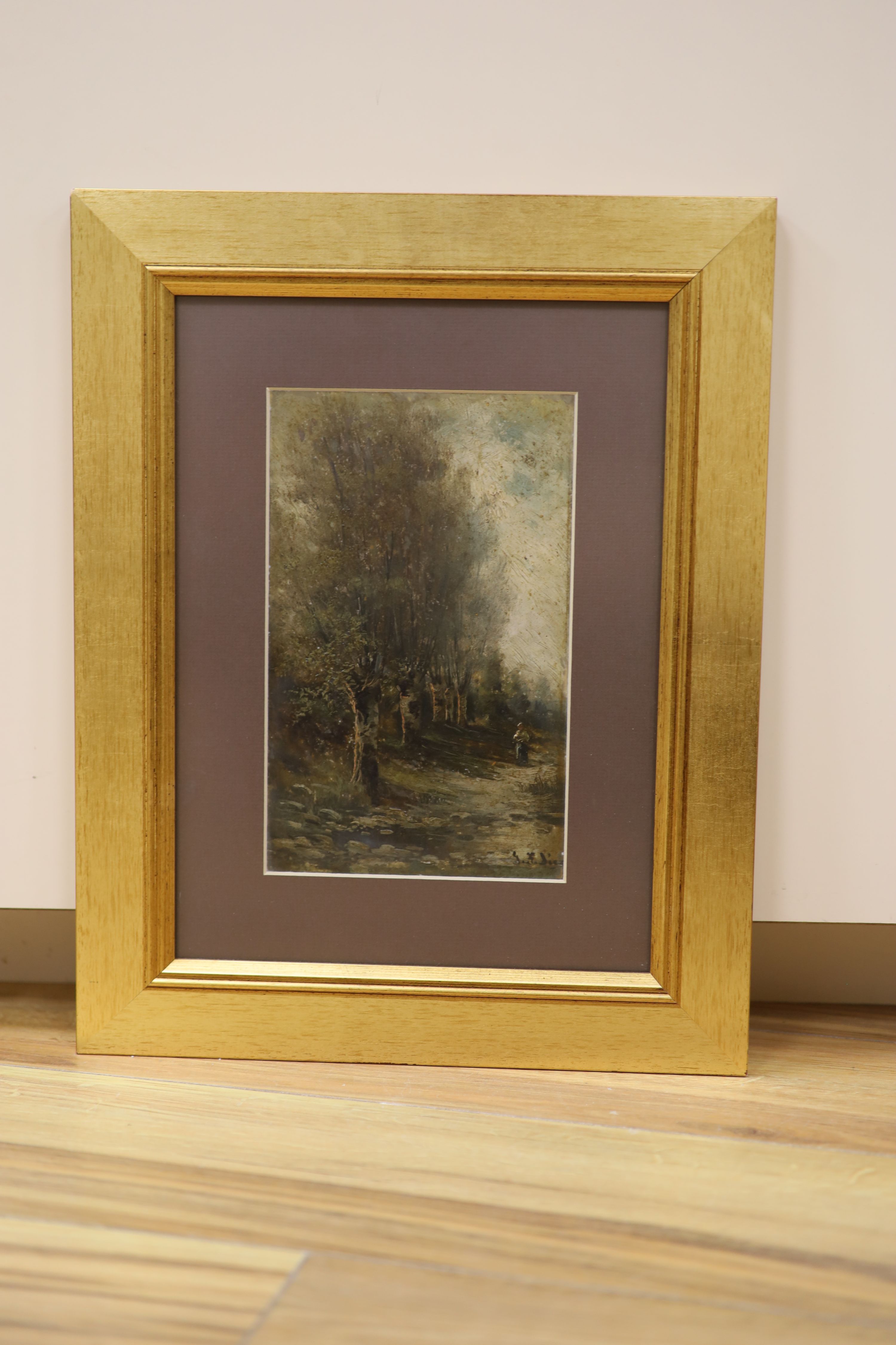 G.F. Diez, oil on board, Figure on a tree lined lane, signed, 23 x 15cm - Image 2 of 3