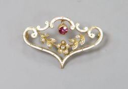 An Edwardian 9ct, enamel, seed pearl and gem set drop scroll brooch, 33mm, ross weight 2.6 grams(a.