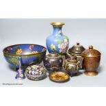 A Chinese cloisonne enamel bowl and a similar jar and cover, early 20th century, a box and cover,