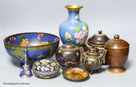 A Chinese cloisonne enamel bowl and a similar jar and cover, early 20th century, a box and cover,