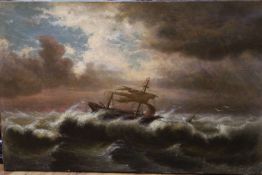 Continental School, study of a ship on turbulent waters below a breaking sky, oil on canvas,