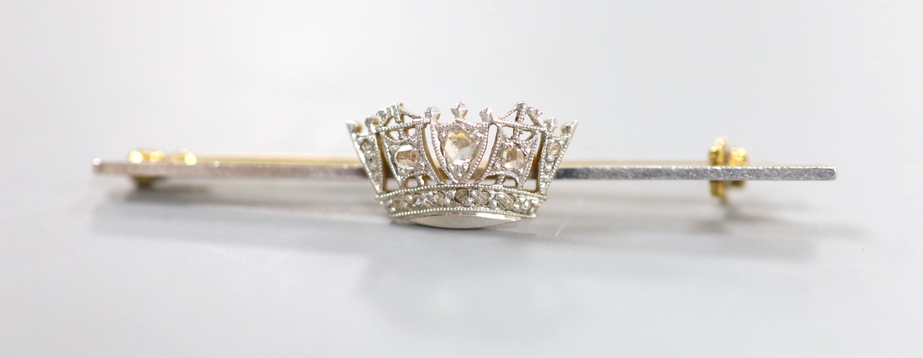 A 15ct yellow and white gold and diamond Royal Naval sweetheart brooch, 49mm, gross 3.5 grams.