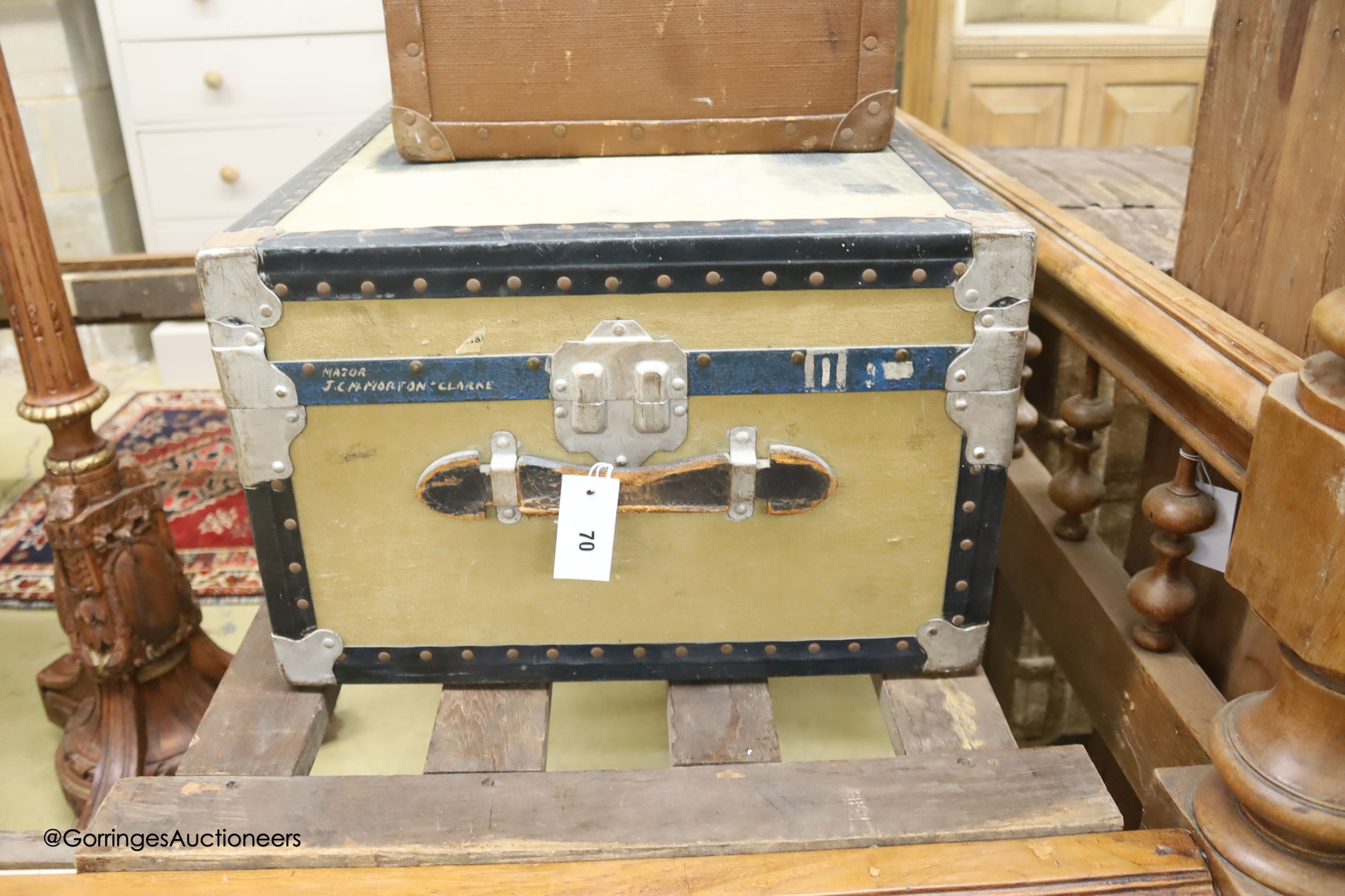 A Victorian tan leather and canvas domed top trunk, width 76cm, depth 60cm high together with two - Image 2 of 3