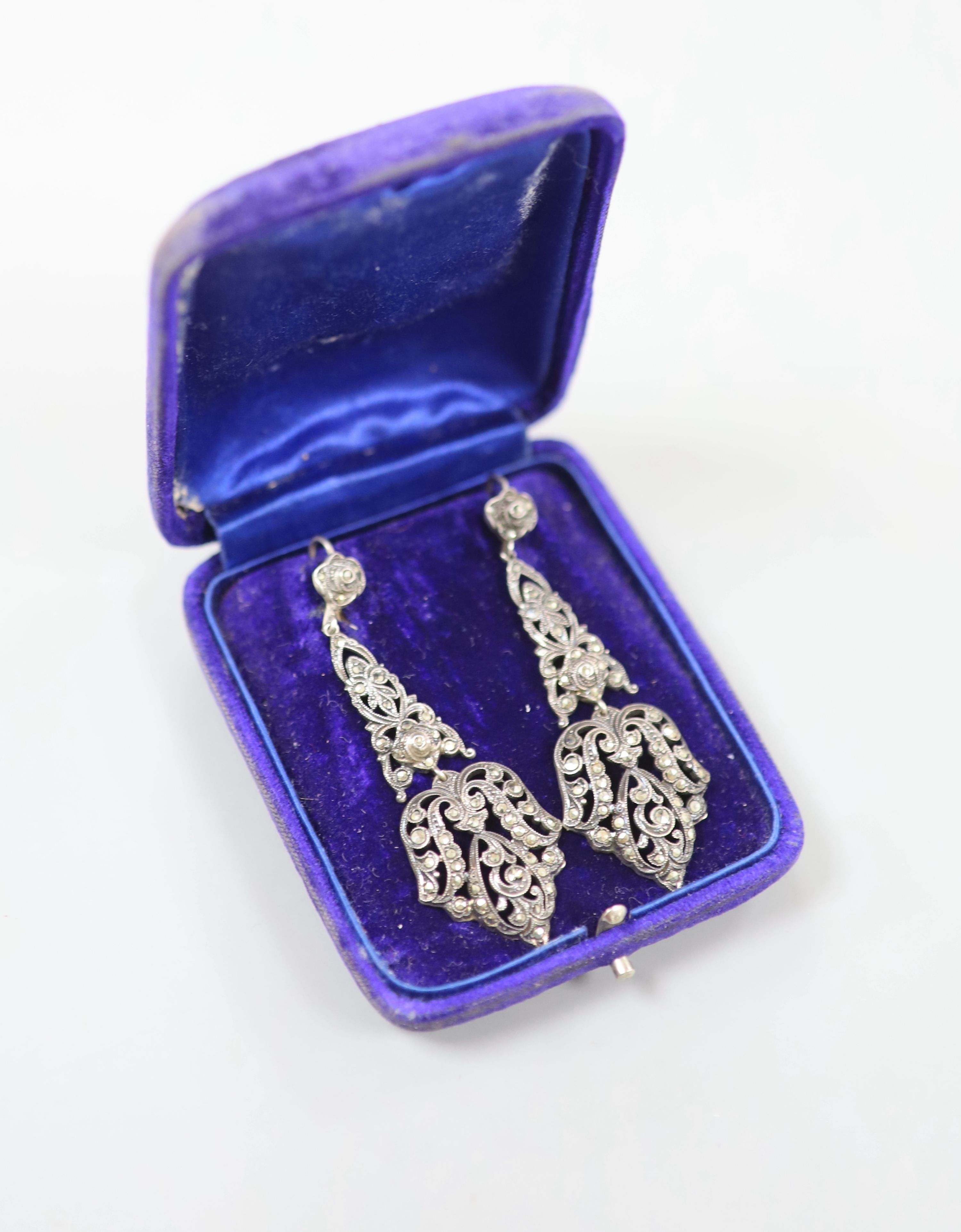 A pair of white metal and marcasite set drop earrings, 63mm. - Image 3 of 3