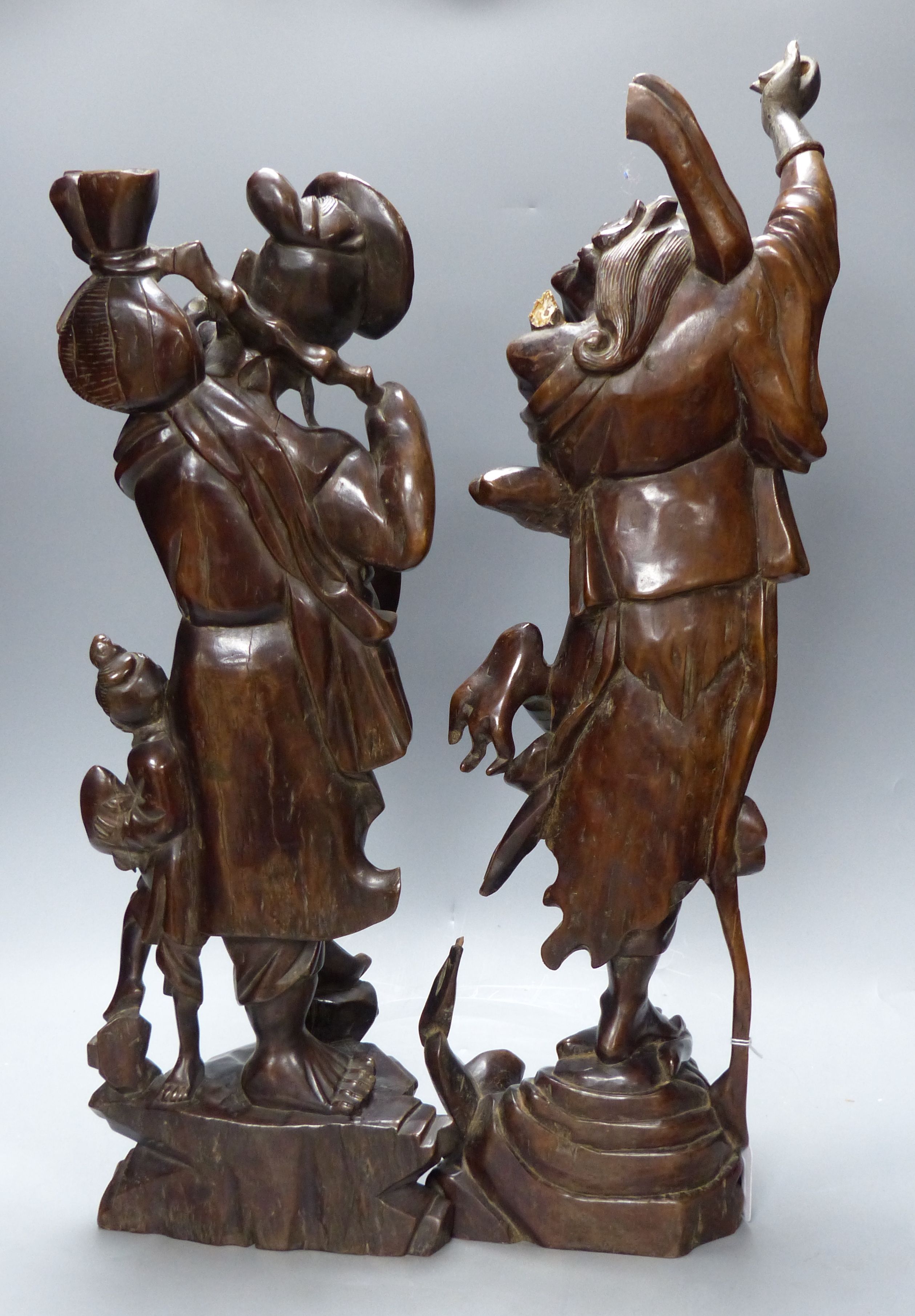 Two early 20th century Chinese hardwood figures of a demon and a fisherman, tallest 61cm - Image 7 of 8