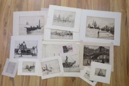 Nelson Dawson (1859-1941), 14 assorted etchings; HMS Indefatigable awaiting the ship breakers, 25 x