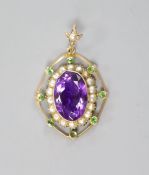 An early 20th century yellow metal, amethyst, split pearl and green stone set oval pendant, in the