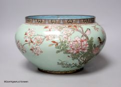 A large Japanese blue ground cloisonne bowl, height 19cm, 28cm wide