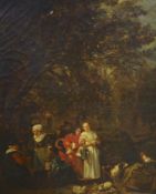 Continental school, conversing figures in landscape below a tree, oil on canvas, gilt carved wooden