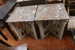 A pair of modern painted Gothic revival marble topped occasional table, width 63cm depth 63cm