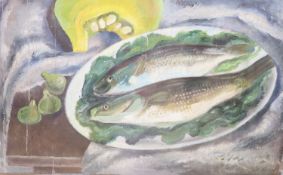 Early 20th century Continental School, still life with fish, oil on canvas (backed), framed and