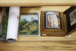 A 20th century oak cased artists’ box (A/F) together with eleven various oil studies on board, many