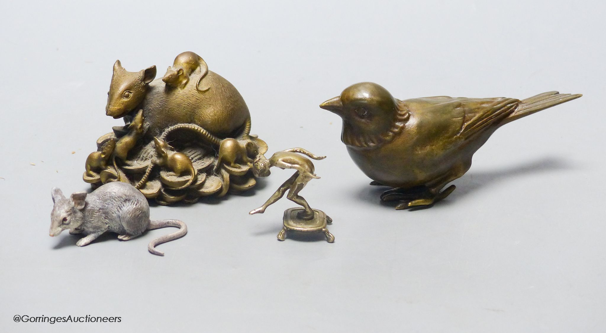 After Franz Bergmann, two cast bronze models of mice, a model of a bird, after Max le Verrier,