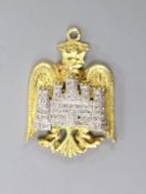 A 14ct, plat and diamond chip set 'eagle and castle' pendant, 27mm, gross weight 7.2 grams.