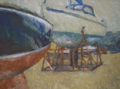 Modern British, oil on board, Cockle Boats, Old Leigh, 40 x 50cm