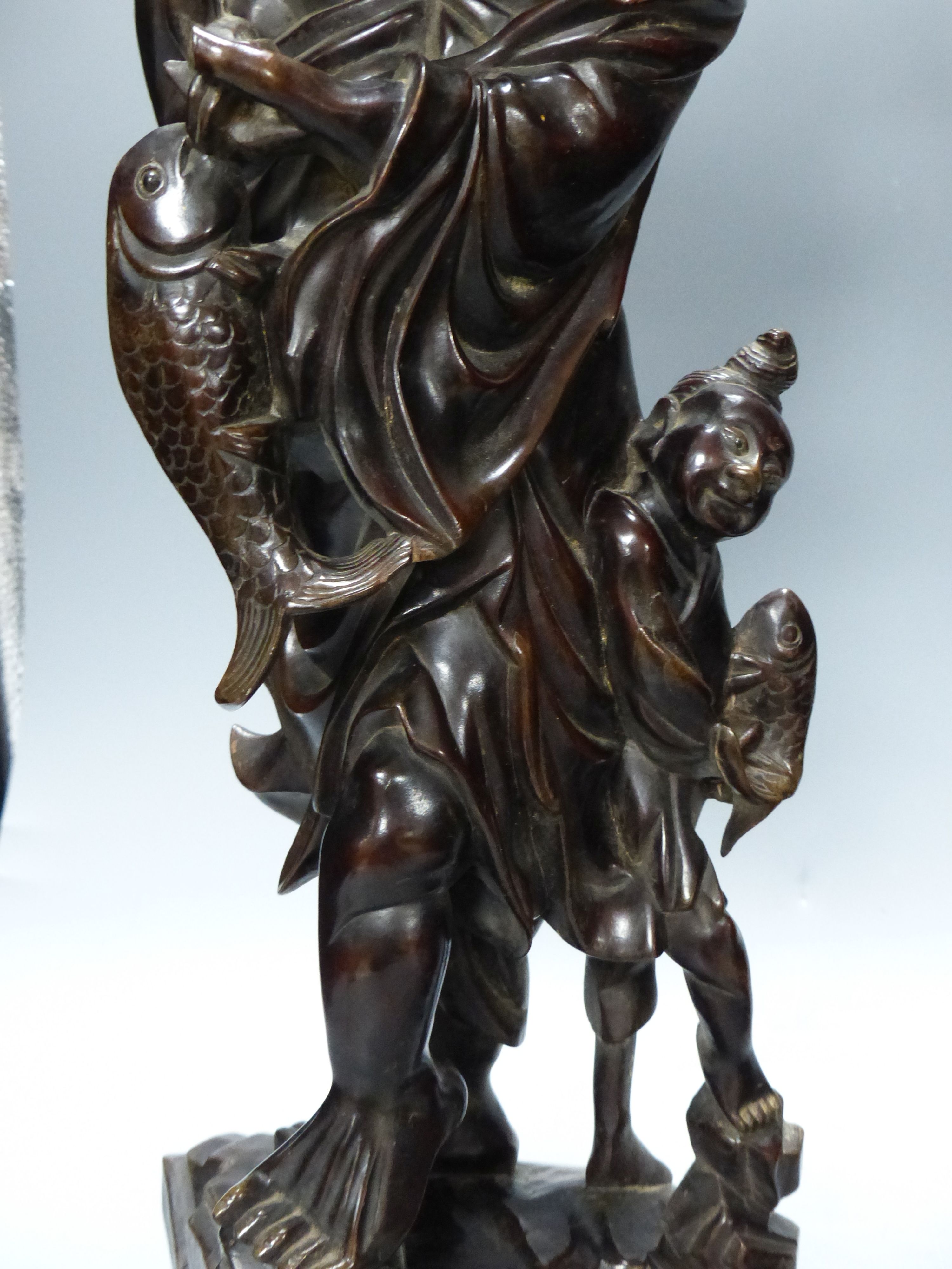 Two early 20th century Chinese hardwood figures of a demon and a fisherman, tallest 61cm - Image 6 of 8