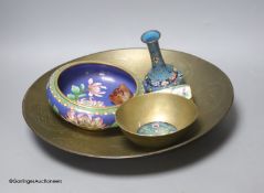 A large Chinese brass dish, diameter 42cm, a similar bowl, cloisonne enamel and Canton enamel wares