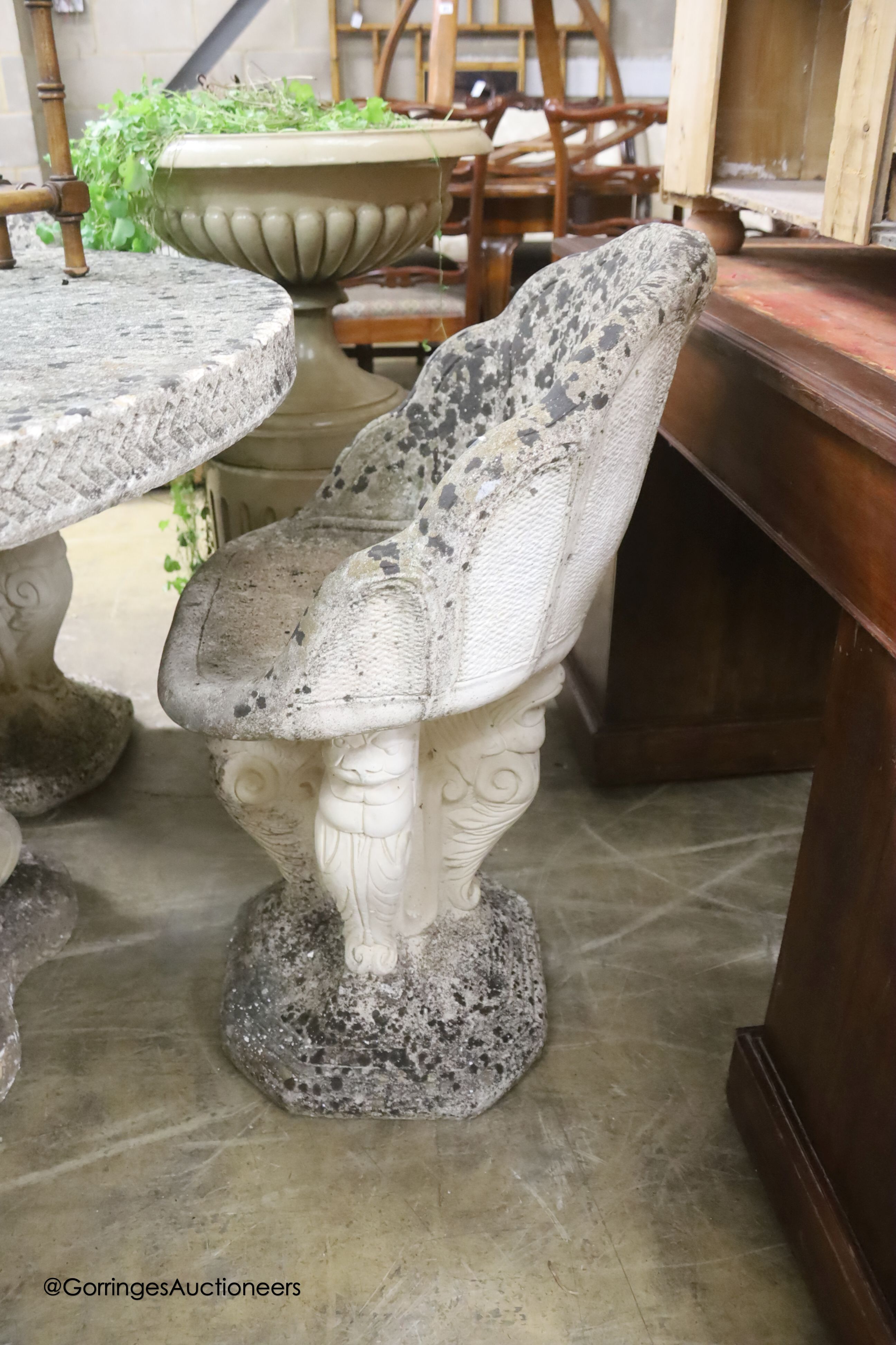 A circular reconstituted stone circular garden table, diameter 114cm, height 79cm and four matching - Image 2 of 4