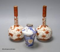 A Japanese porcelain vase, by Fukugawa and two Kutani bottle vases, height 21cm