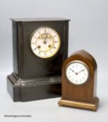 A black slate mantle clock with visible Brocot escapement, height 33cm, and an Edwardian mantel