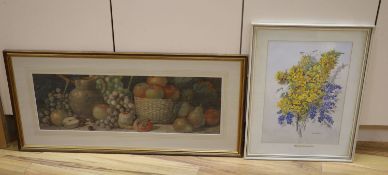 Arthur Dudley, watercolour, Still life of fruit, signed, 26 x 77cm and a still of flowers by Gwen