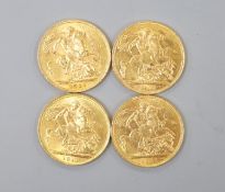 Four George V gold sovereigns, all 1911
