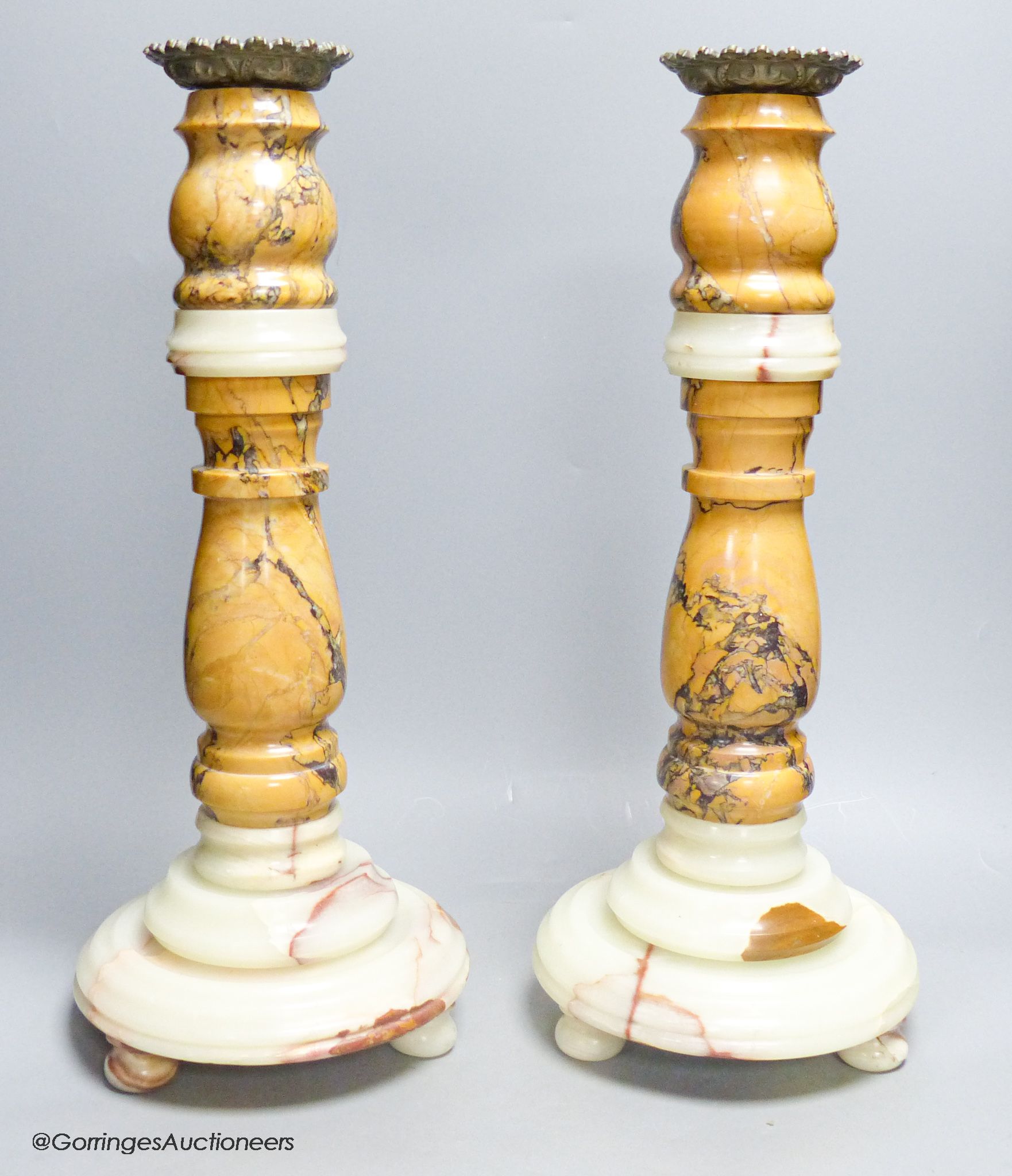 A large pair of 19th century variegated turned marble and onyx candlestands, height 46cm - Image 2 of 2