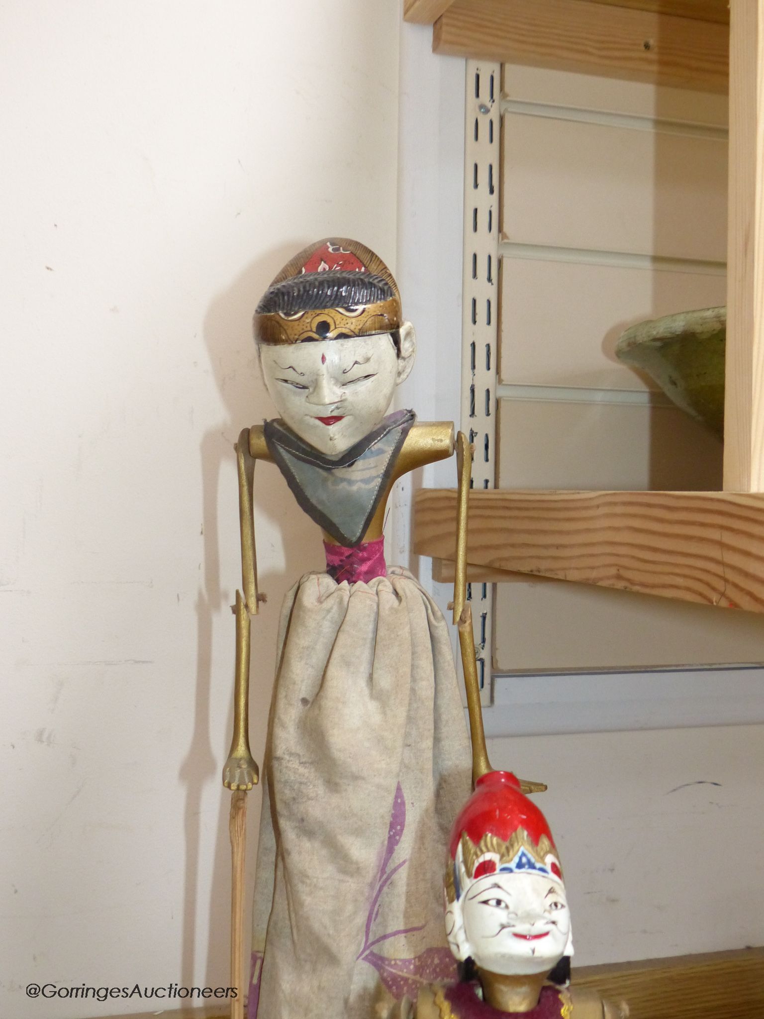 Three Indonesian stick puppets and another framed puppet, tallest 59cm - Image 4 of 6