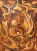 20th century continental school, an abstract composition in tones of red and amber, oil on canvas,