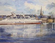 Benoit Colnot, watercolour, Brittany Ferry entering harbour, signed and dated 1993, 36 x 44cmwith