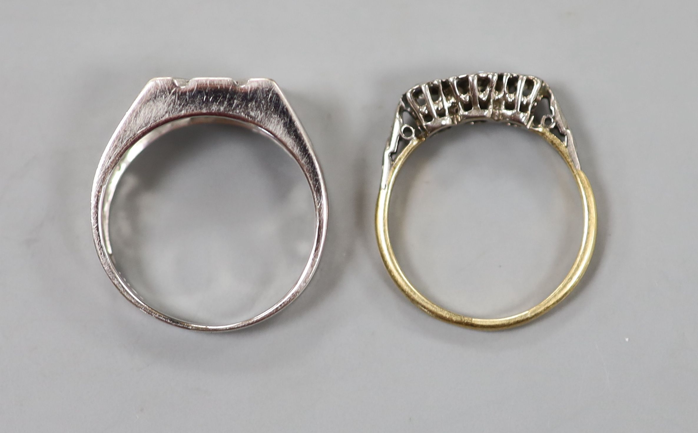 A diamond-set 14ct white gold ring, size R, gross 5.7 grams and an illusion-set three-stone diamond - Image 3 of 3
