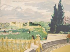 Yves Brayer (1907-1990), figures before a distant castle, limited lithograph, signed and numbered