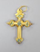 A Victorian hollow yellow metal and turquoise set cross pendant, (a.f.), 68mm, gross weight 10.1