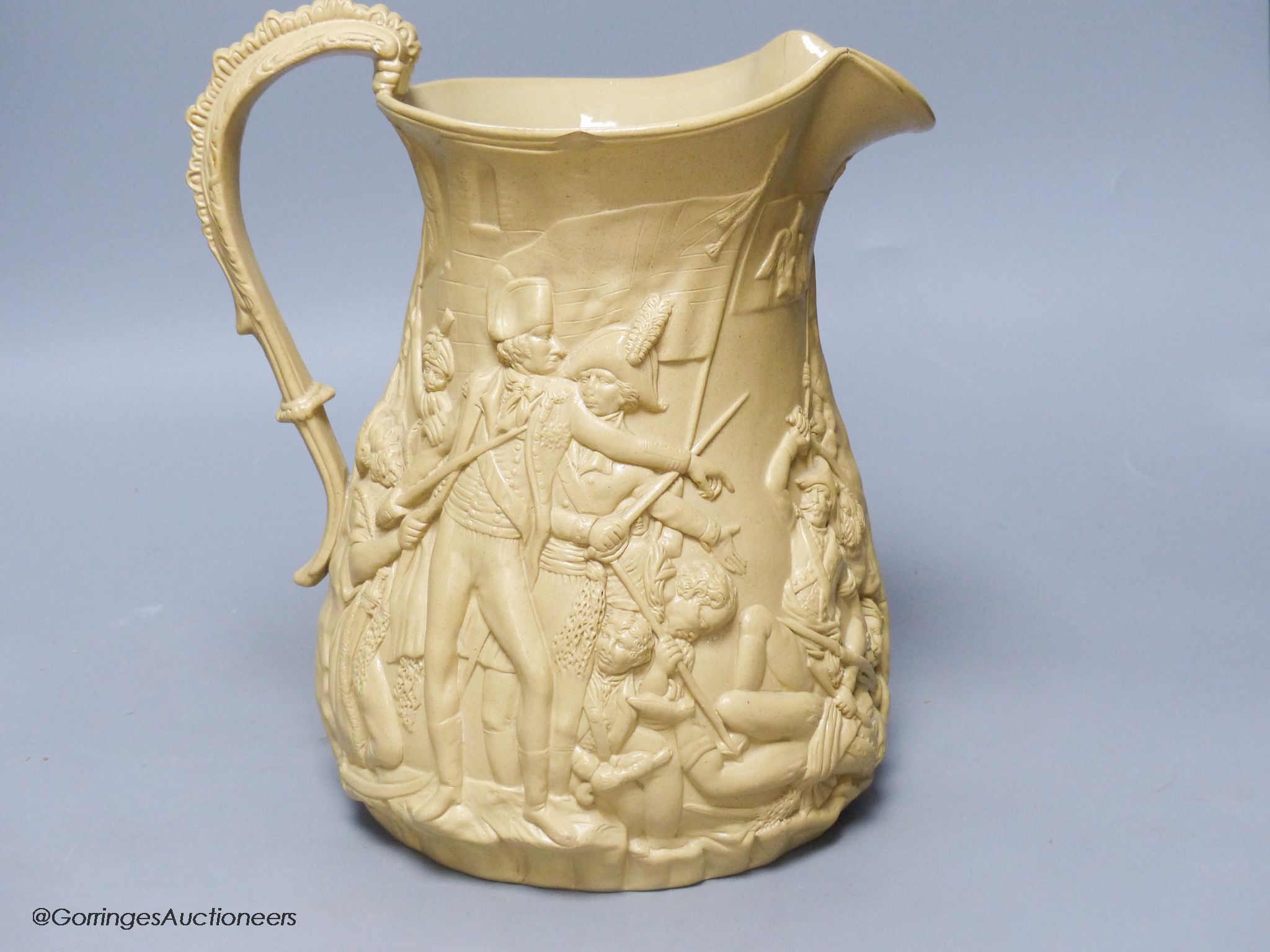 A Victorian relief moulded buff coloured stoneware jug by Samuel Alcock, The Seige of Acre, circa - Image 3 of 5