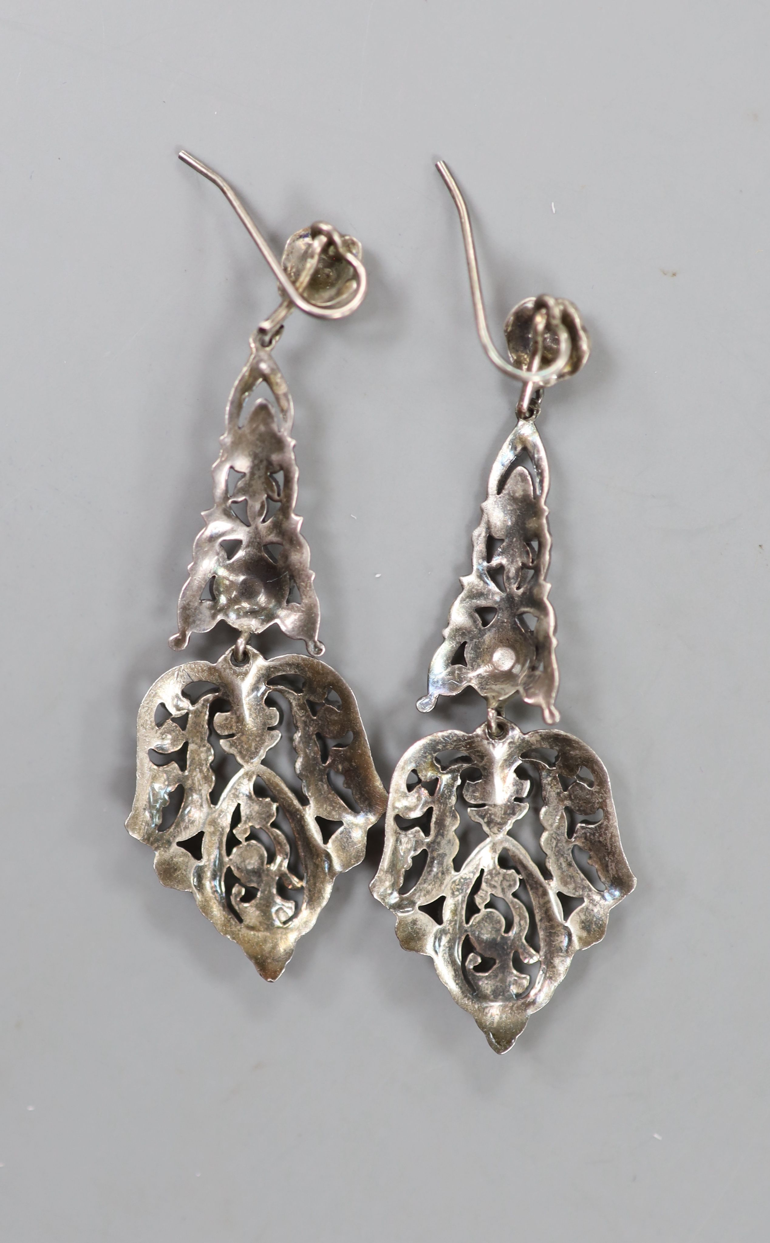 A pair of white metal and marcasite set drop earrings, 63mm. - Image 2 of 3