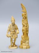 A Japanese walrus ivory figure of a cormorant fisherman and a sectional ivory figure of a farmer