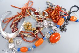 An Eastern heavy white metal and amber (?) ethnic style necklace, a multi-strand necklace by