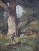 19th century European school, study of cattle below an ancient tree, a young boy sounding a horn