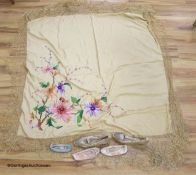 A Chinese silk shawl, a pair of Victorian shoes, a pair of ballet pumps and a leather shoe