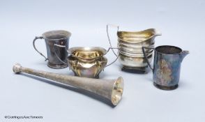 A Victorian silver hunting horn, London 1898, Sampson Mordan & Co, a Georgian bright-engraved