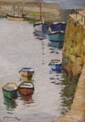 C. Morris (20th C.), oil on board, Fishing boats in harbour, signed and dated '48, 35 x 25cm