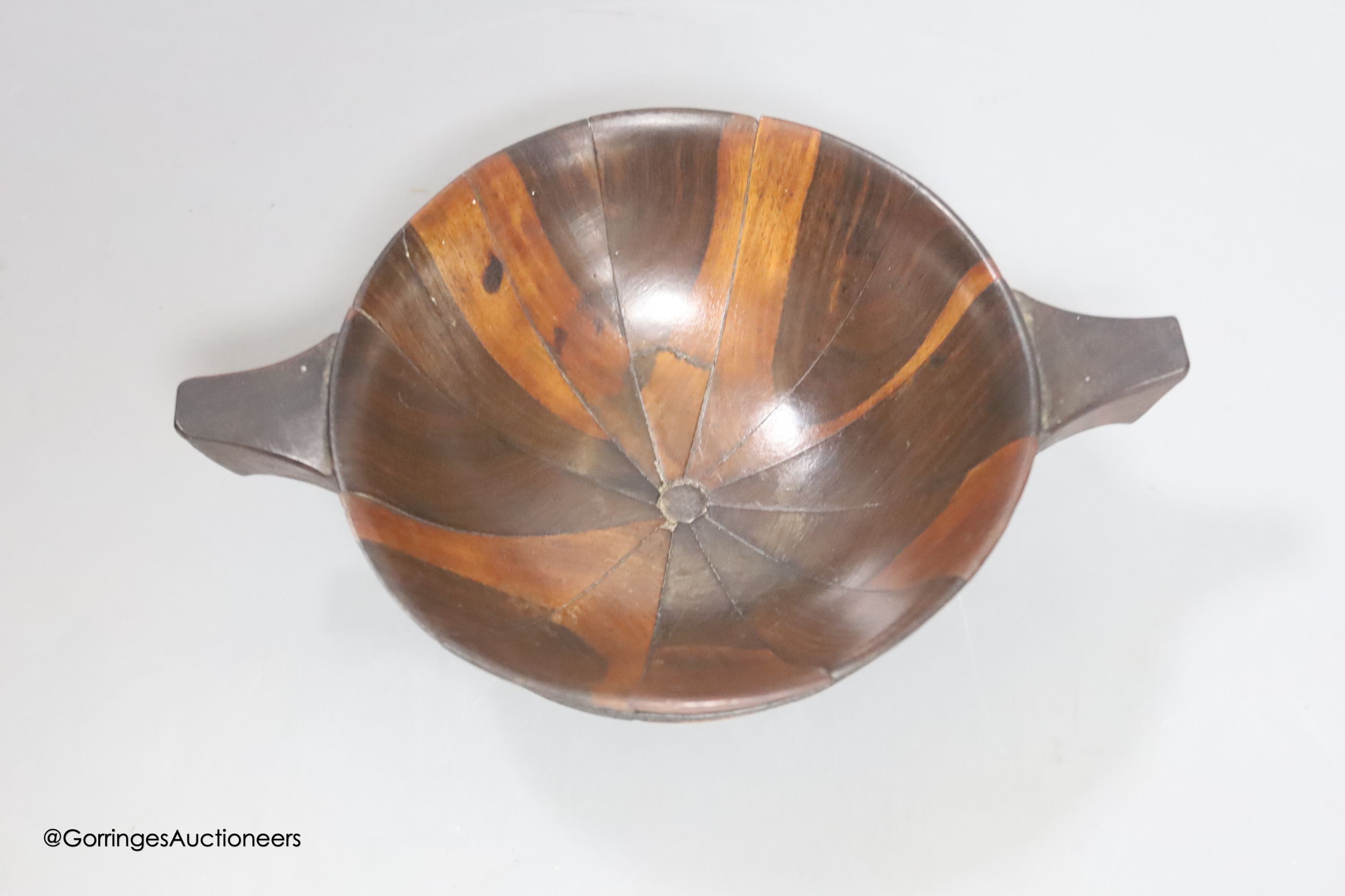 A treen quaich, Scottish, c.1900, possibly lignum vitae, length from handle to handle 16cm - Image 2 of 3