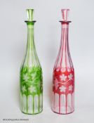 A pair of Bohemian colour flashed glass decanters