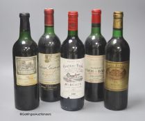 Five assorted Bordeaux wines including a Chateau Lynch Bages, Pauillac 1972