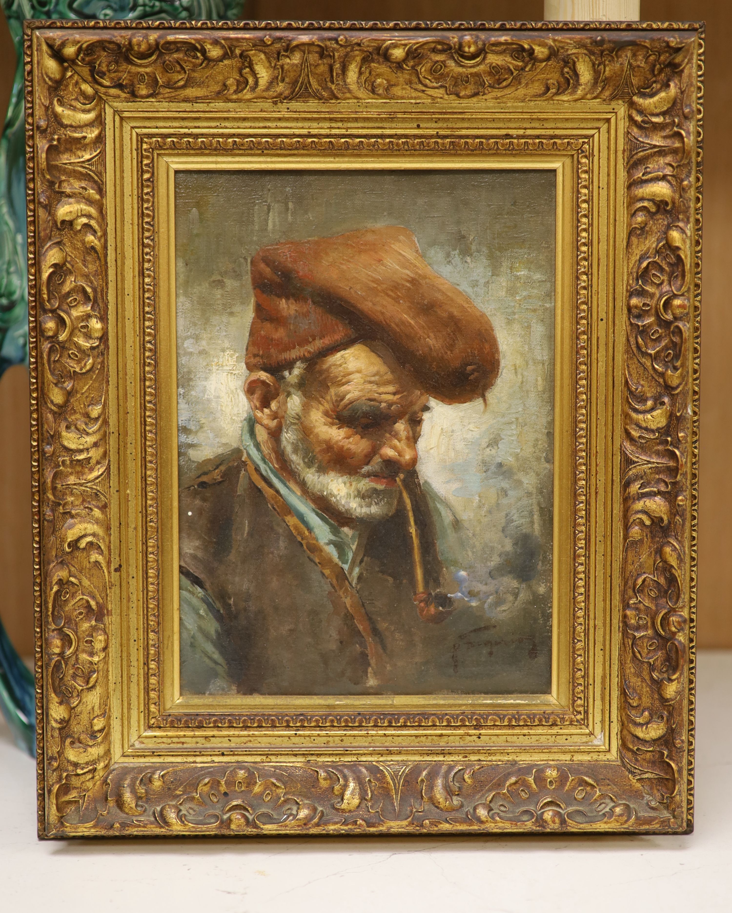 Italian School, oil on canvas, Portrait of a pipe smoker, indistinctly signed, 23 x 16cm - Image 2 of 4