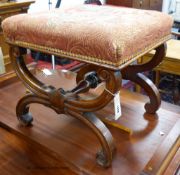 A Victorian walnut X-frame stool. W-46, D-44, H-44cm.