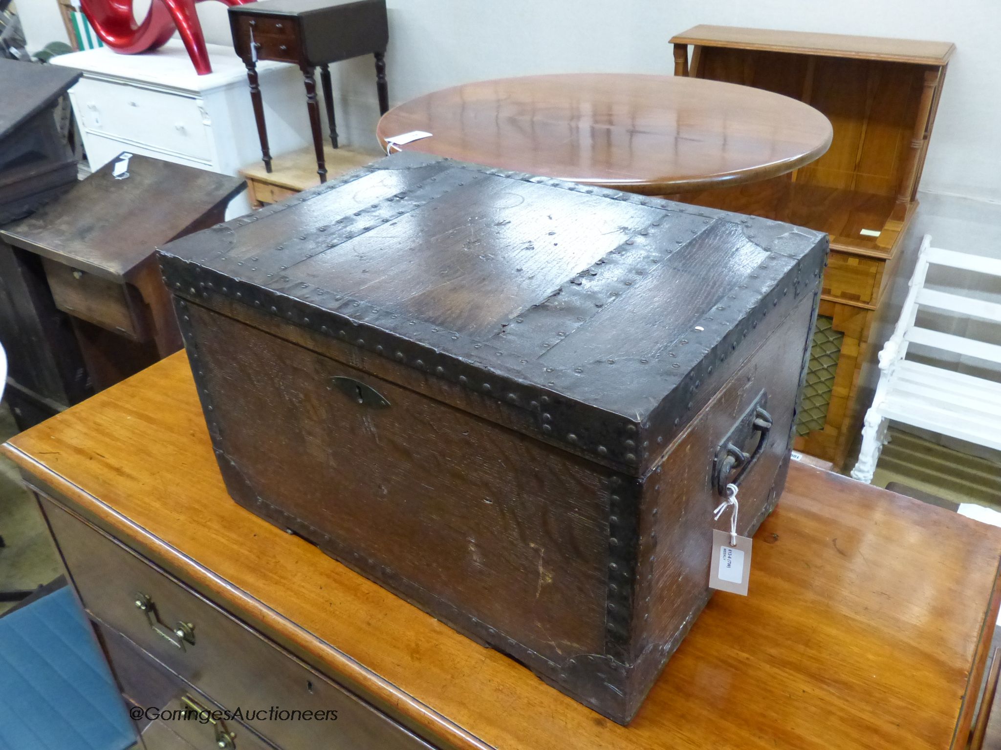 A small Victorian iron-bound oak chest, width 54cm, depth 38cm, height 33cm - Image 3 of 4