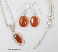 A 925, chalcedony and marcasite set necklace and a pair of similar earrings.