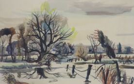 Rowland Sudduby, watercolour, The Stour near Bures, Suffolk, signed, 1949 Exhibition label for