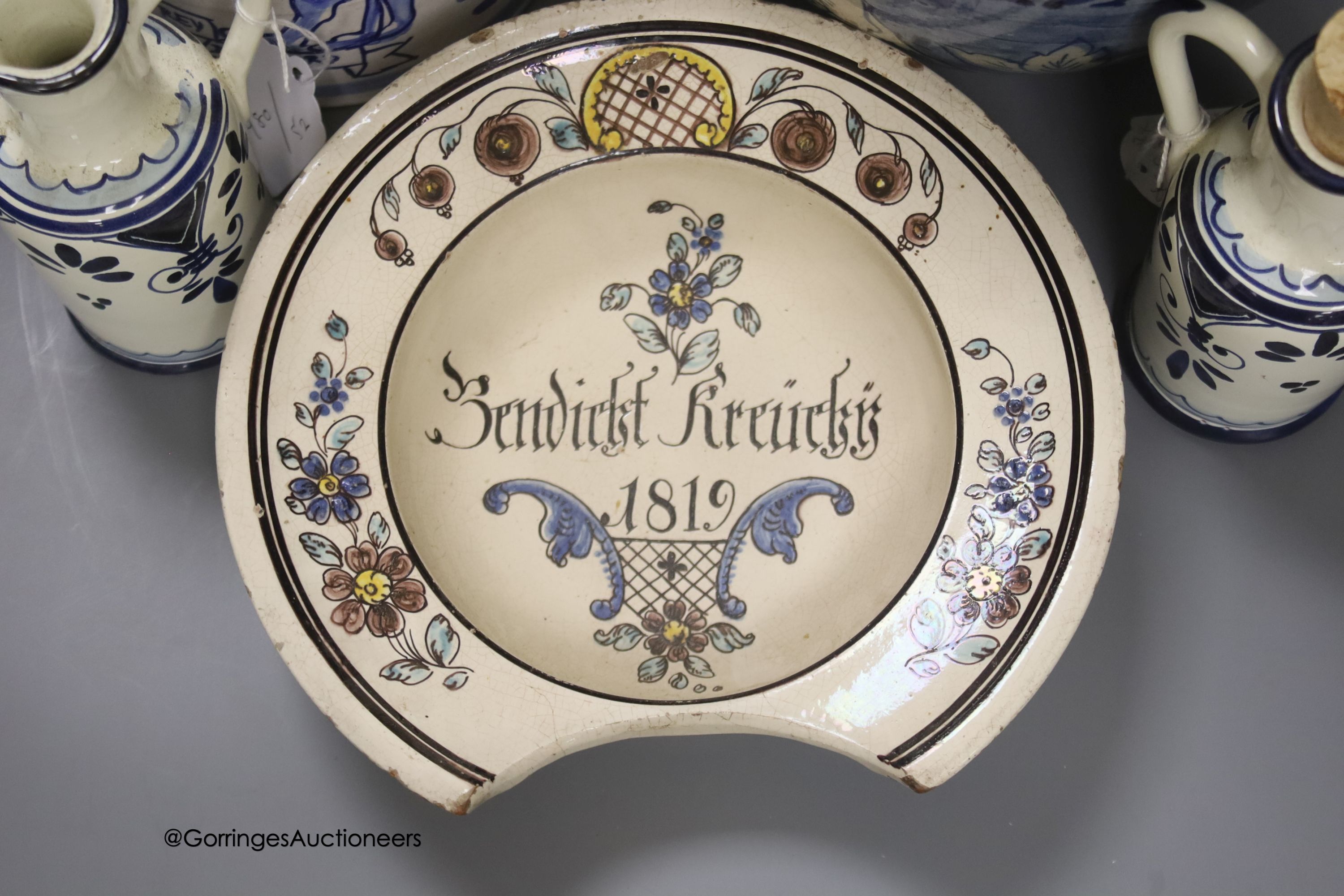 A tin-glazed terracotta barber's bowl dated 1819, a large ovoid eathenware ‘Taback’ jar and three - Image 2 of 10